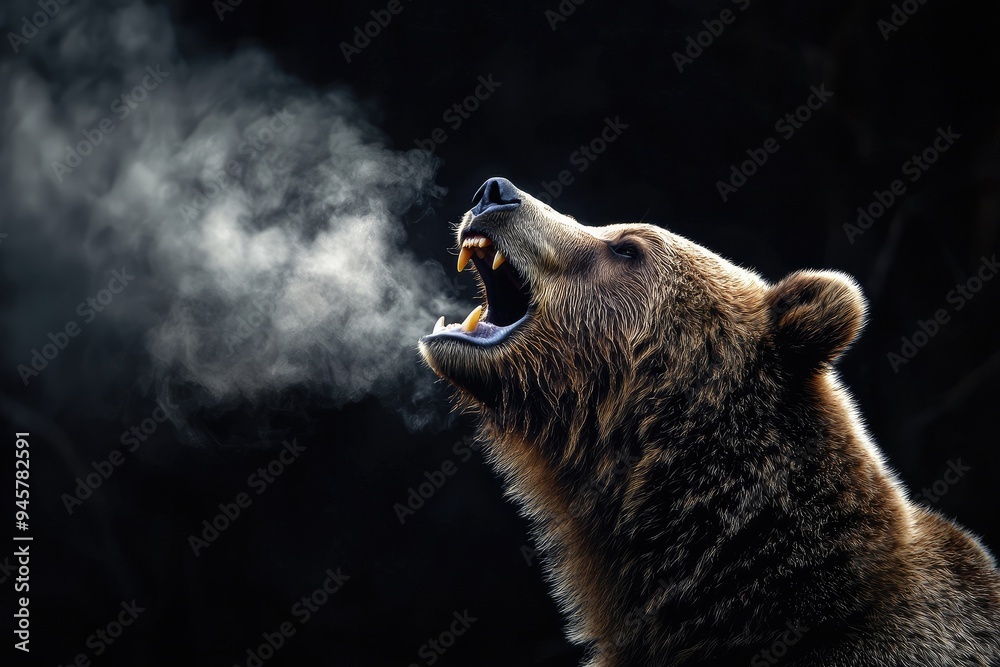 Obraz premium A powerful bear roars in the darkness, exhaling mist from its mouth, showcasing the raw beauty of wildlife.