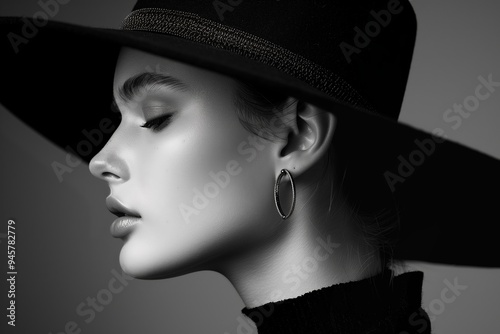 Elegant profile of a woman wearing a wide-brimmed hat and striking earrings in a monochrome setting