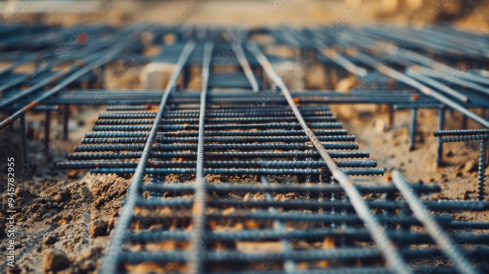 Intricate steel rebar arrangements lie across a construction site in a detailed depiction of groundwork preparations for a new building. Intricate steel rebar arrangements lie across a construction site in a detailed depiction of groundwork preparations for a new building.