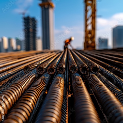 Close-up of steel rebar on a construction site with a worker in the background, highlighting the industrial environment.