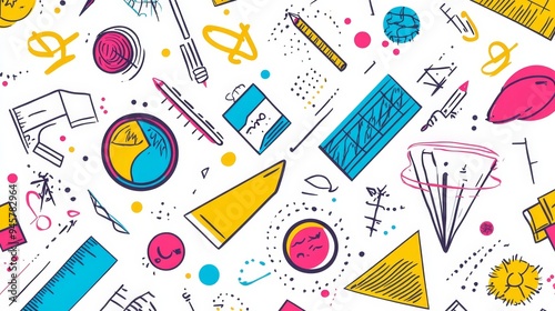 Vibrant back-to-school backdrop with geometric shapes representing academic subjects