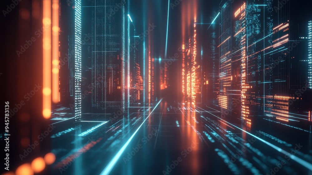 Fototapeta premium Futuristic Cityscape with Glowing Neon Lights and Digital Data.