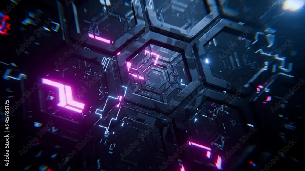 Slow motion through metallic hexagons in futuristic pattern. Camera movement in spaceship matrix. Seamless camera movement through neon abstract building structures. VJ Loop Animation.