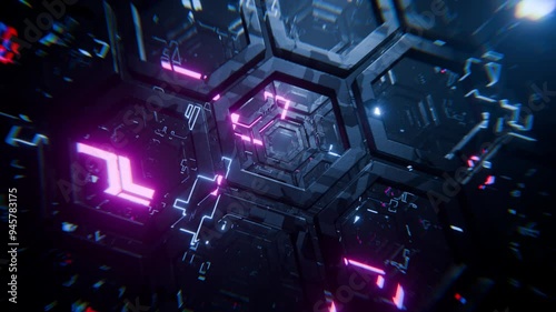 Slow motion through metallic hexagons in futuristic pattern. Camera movement in spaceship matrix. Seamless camera movement through neon abstract building structures. VJ Loop Animation.