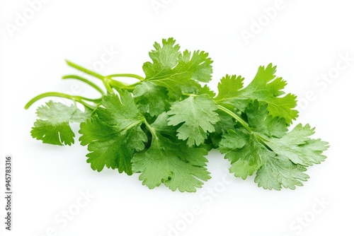 Fresh cilantro leaves on a white background, commonly used in cooking.