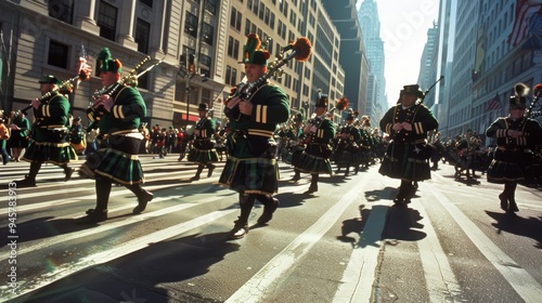 Uniformed individuals marching in a well-organized parade, sporting traditional green attire and playing bagpipes amidst urban buildings.