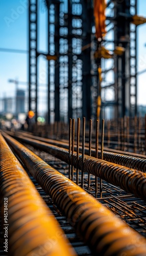 Wallpaper Mural Close-up view of construction materials showcasing steel rebar and framework in an urban environment. Torontodigital.ca