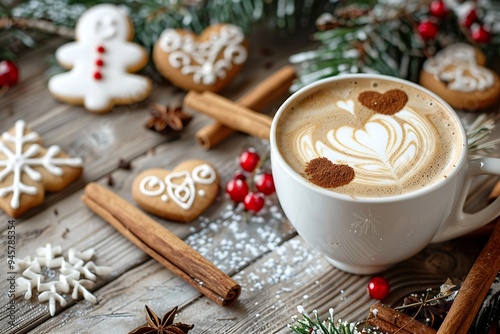 A cup of coffee with latte art in the shape of a heart on a wooden table