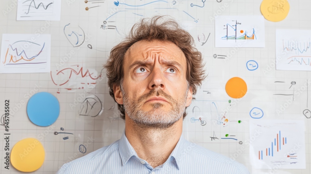 frustrated businessman looking up at whiteboard covered in charts, diagrams, and notes, feeling overwhelmed with work, project management stress, problem solving, brainstorming, analysis. frustrated businessman looking up at whiteboard covered in charts, diagrams, and notes, feeling overwhelmed with work, project management stress, problem solving, brainstorming, analysis.