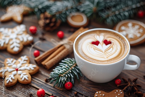 A cup of coffee with latte art in the shape of a heart on a wooden table