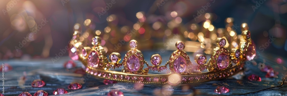 A close-up of a regal gold crown adorned with sparkling pink diamonds, symbolizing power, wealth, royalty, femininity, and elegance. A close-up of a regal gold crown adorned with sparkling pink diamonds, symbolizing power, wealth, royalty, femininity, and elegance.