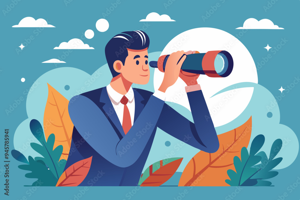 Observation, search for opportunity, curiosity or surveillance, inspect or discover new business, job search or hr finding candidate concept, curious businessman look through binoculars with big eyes. Observation, search for opportunity, curiosity or surveillance, inspect or discover new business, job search or hr finding candidate concept, curious businessman look through binoculars with big eyes.