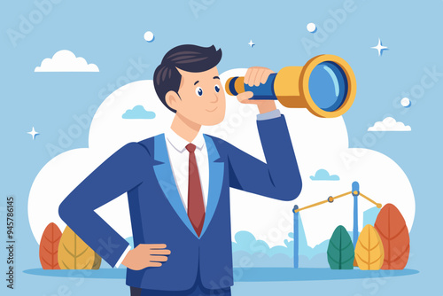 Observation, search for opportunity, curiosity or surveillance, inspect or discover new business, job search or hr finding candidate concept, curious businessman look through binoculars with big eyes.