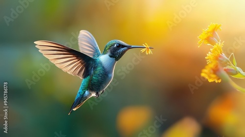 A hummingbird hovering mid-air while feeding on nectar photo