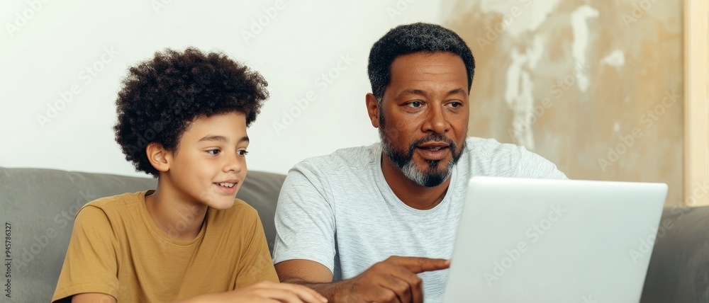 Dad Computer father and son using laptop computer together at home, enjoying ...