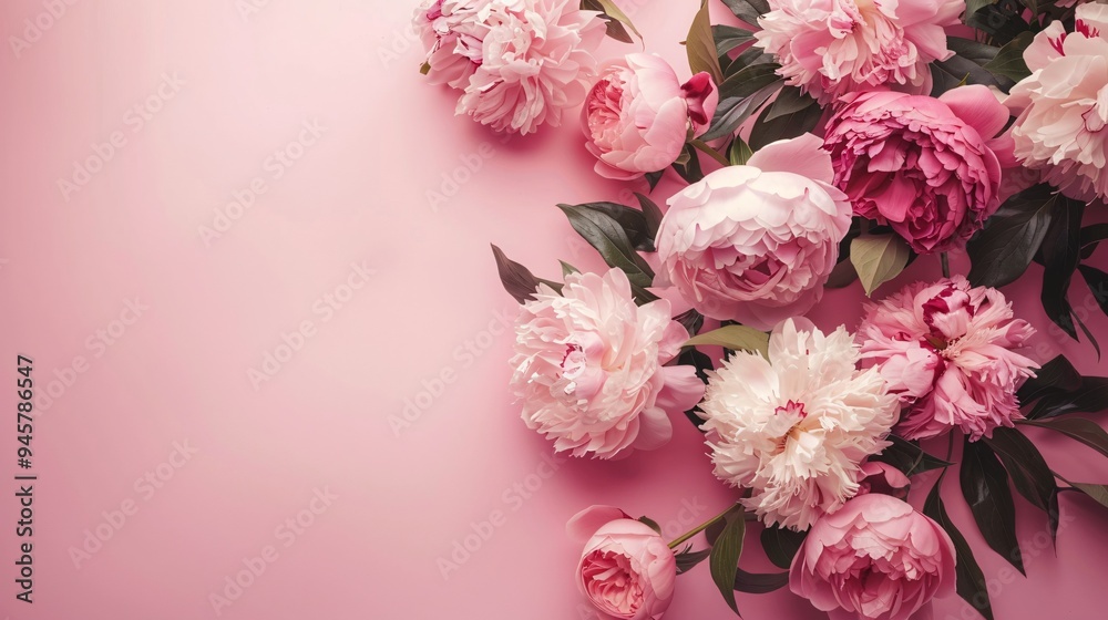 Beautiful peony flowers on pink background. Flat lay, top view with copy space. Beautiful peony flowers on pink background. Flat lay, top view with copy space.
