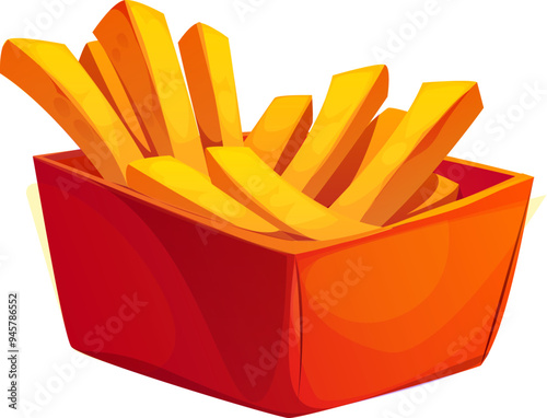 Cartoon French fries fast food meal. Isolated vector red box filled with golden, fried and crispy potato chops. Street fastfood, junk takeout french fries meal, cafe or restaurant menu, crunchy snack