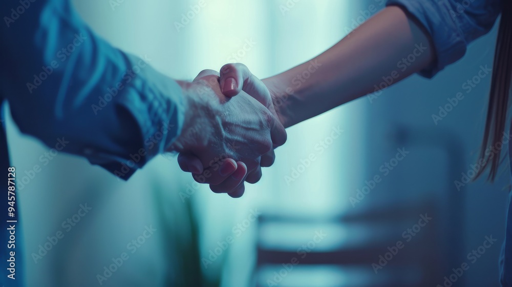 Two people clasp hands with a soft blue ambiance, conveying trust and solidarity in a serene setting. Two people clasp hands with a soft blue ambiance, conveying trust and solidarity in a serene setting.