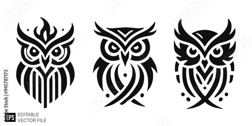 set of owl tribal tattoo graphic design vector clip art black and white silhouette templates