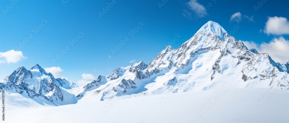 Obraz premium majestic snowy mountain range peak panorama with clear blue sky and fluffy clouds for travel and nature backgrounds.