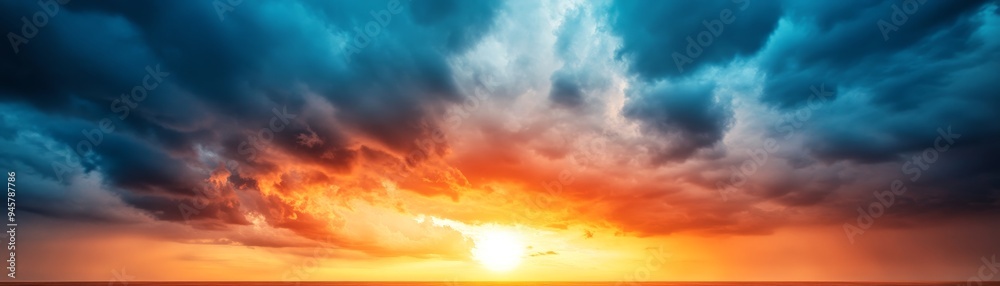 Obraz premium dramatic sunset sky with vibrant colors, orange and blue clouds, golden light, and a cloudy horizon.