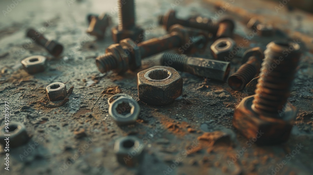 A close-up of rusty bolts and nuts scattered across a rough, weathered surface, capturing the essence of age and industrial decay.