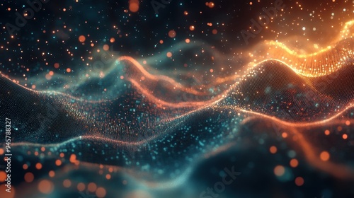 Abstract Blue and Orange Glowing Particle Wave Background.