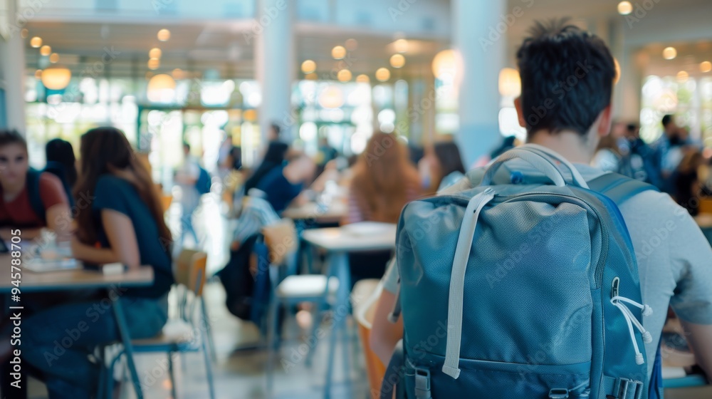 Students with backpacks study at a busy, light-filled cafeteria, conveying a sense of college life bustling with academic activities and social interactions. Students with backpacks study at a busy, light-filled cafeteria, conveying a sense of college life bustling with academic activities and social interactions.