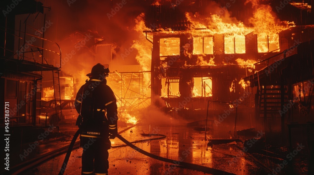 Fototapeta premium A firefighter hoses down a blazing house at night, surrounded by a sea of flames, showcasing the intensity and valor of emergency response.