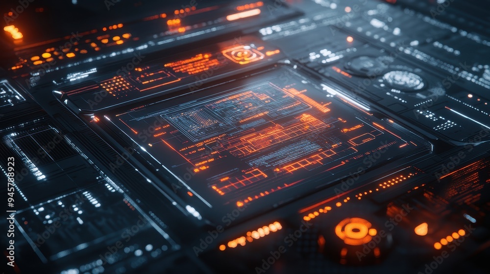 Futuristic Technology Interface with Orange Glowing Lines and Data Display Futuristic Technology Interface with Orange Glowing Lines and Data Display