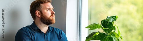 thoughtful man looking out window with green plant in focus, contemplative portrait of a person pondering life, daydreaming by the window, indoor reflection, peaceful thinking moment
