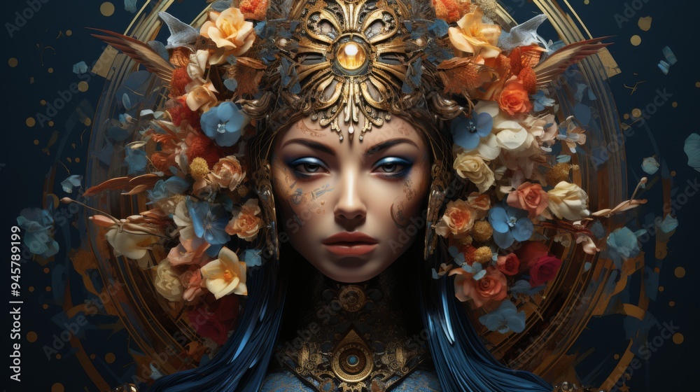A surreal illustration of a regal female figure adorned with an intricate golden headdress made of vibrant flowers and delicate ornaments. A surreal illustration of a regal female figure adorned with an intricate golden headdress made of vibrant flowers and delicate ornaments.