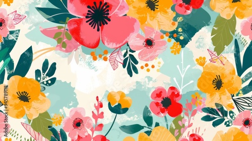 A vibrant floral pattern featuring bright flowers and leaves. The energetic and colorful illustration blends modern design with the natural beauty of blooms and foliage.