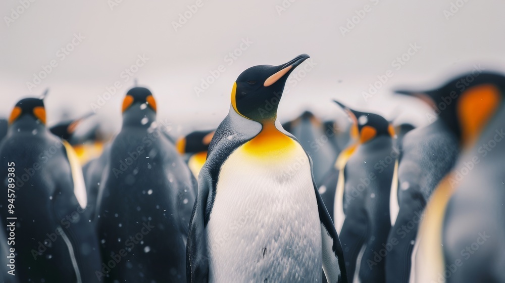 Fototapeta premium A group of emperor penguins stands closely together in a snowy landscape, their black, white, and yellow plumage vividly contrasted against the icy backdrop.
