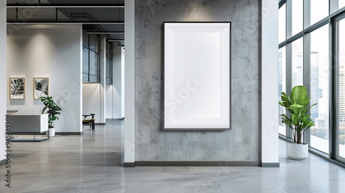 Blank poster mockup on the wall in modern office lobby. 3d rendering.