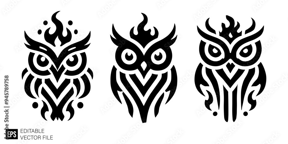 set of owl tribal tattoo graphic design vector clip art black and white silhouette templates set of owl tribal tattoo graphic design vector clip art black and white silhouette templates