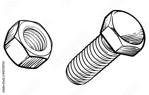 Black and white drawing of bolt and nut. Vector illustration.