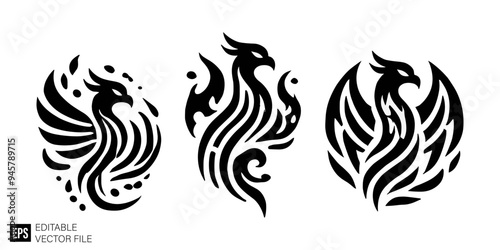 set of phoenix tribal tattoo graphic design vector clip art black and white silhouette templates