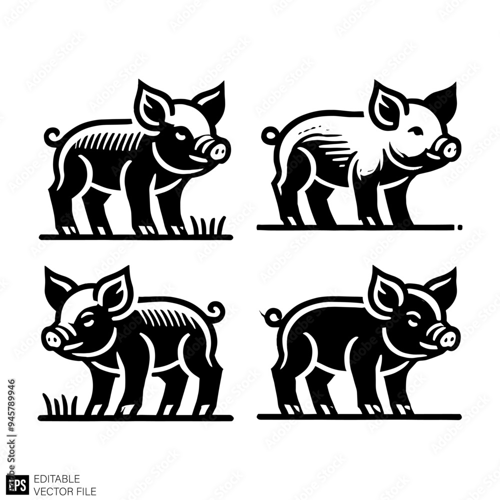 Fototapeta premium set of piglet graphic design vector clip art black and white silhouette templates