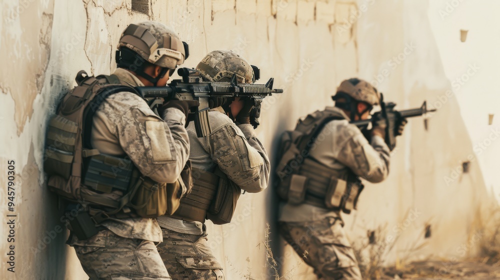 Three soldiers in tactical gear take positions against a wall, demonstrating teamwork and precision in a strategic military maneuver. Three soldiers in tactical gear take positions against a wall, demonstrating teamwork and precision in a strategic military maneuver.