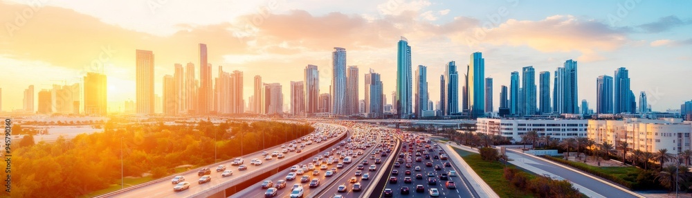 Obraz premium aerial view of modern city skyline with sunset and traffic on highway.