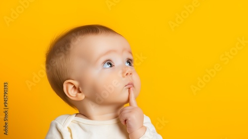 A thoughtful baby with a finger on their lips, pondering against a bright yellow background.