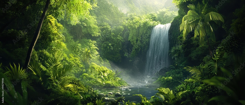 Lush Tropical Rainforest Waterfall with Sunlight and Mist. Lush Tropical Rainforest Waterfall with Sunlight and Mist.