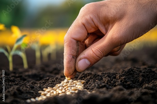 Close-up of farmer planting seeds in soil with nature background