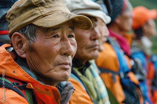 Elderly Asian Hikers in Colorful Outdoor Gear Looking Pensive during Chongyang Festival photo