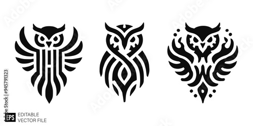 set of owl tribal tattoo graphic design vector clip art black and white silhouette templates
