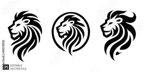 set of lion head graphic design vector clip art black and white silhouette templates