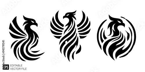 set of phoenix tribal tattoo graphic design vector clip art black and white silhouette templates