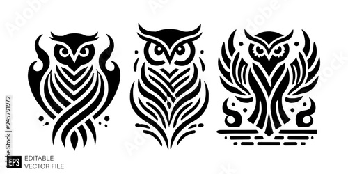 set of owl tribal tattoo graphic design vector clip art black and white silhouette templates
