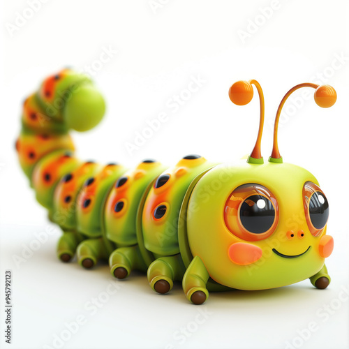 Cute Green Cartoon Caterpillar with Big Eyes and Smiling Face on White Background